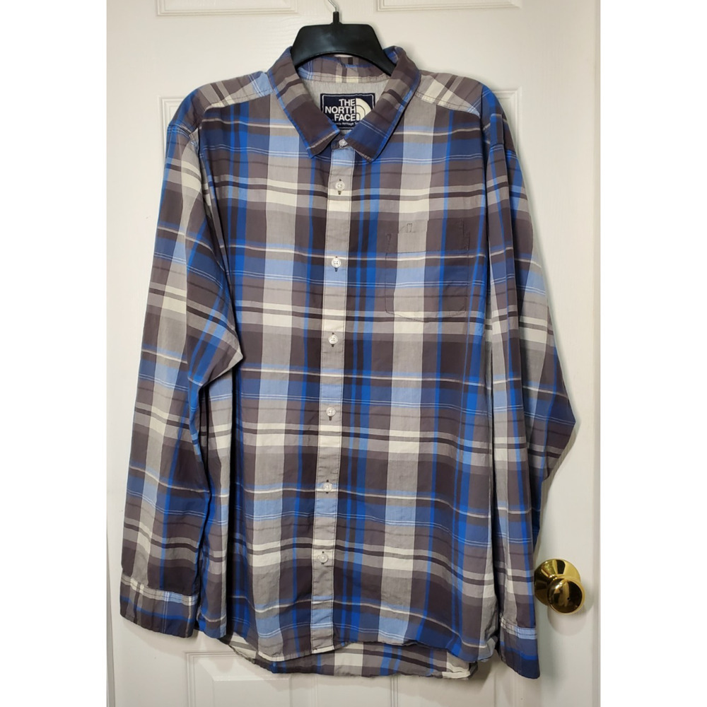 The North Face Men’s XXL Blue Gray Plaid Button Down Shirt 100% Cotton